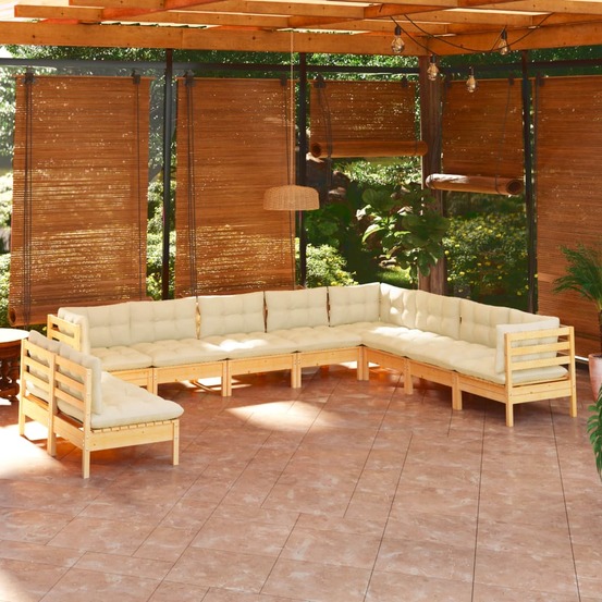 Salon de jardin 10 pcs avec coussins crème bois de pin massif