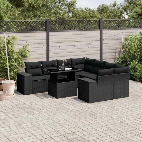 Salon de jardin 9 pcs avec coussins noir résine tressée