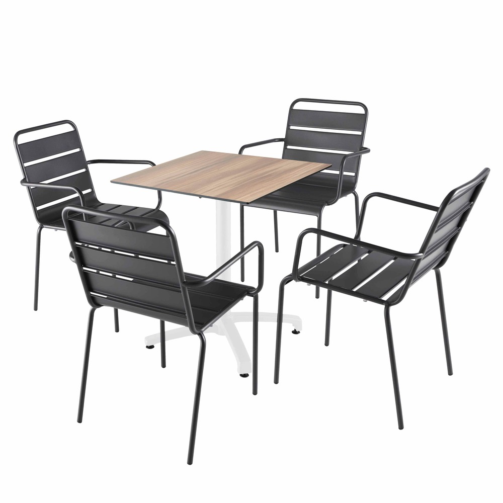Ensemble table 70 cm chêne foncé et 4 chaises en métal gris