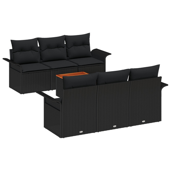 Ensemble de canapé de jardin 7 pièces avec coussins noir poly rattan
