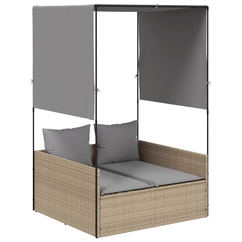 Chaise longue double avec toit et rideaux beige résine tressée bain de soleil