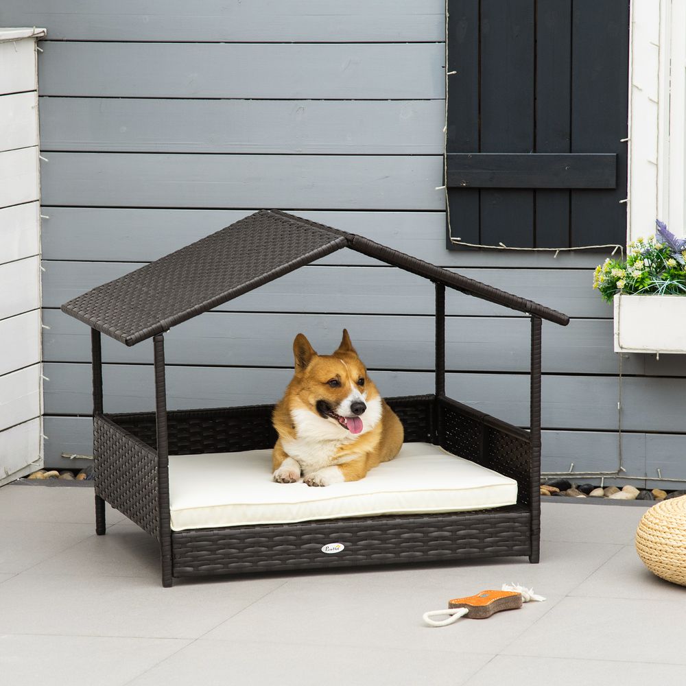 Niche chien résine tressée intérieur extérieur avec coussin lavable 98x69cm marron
