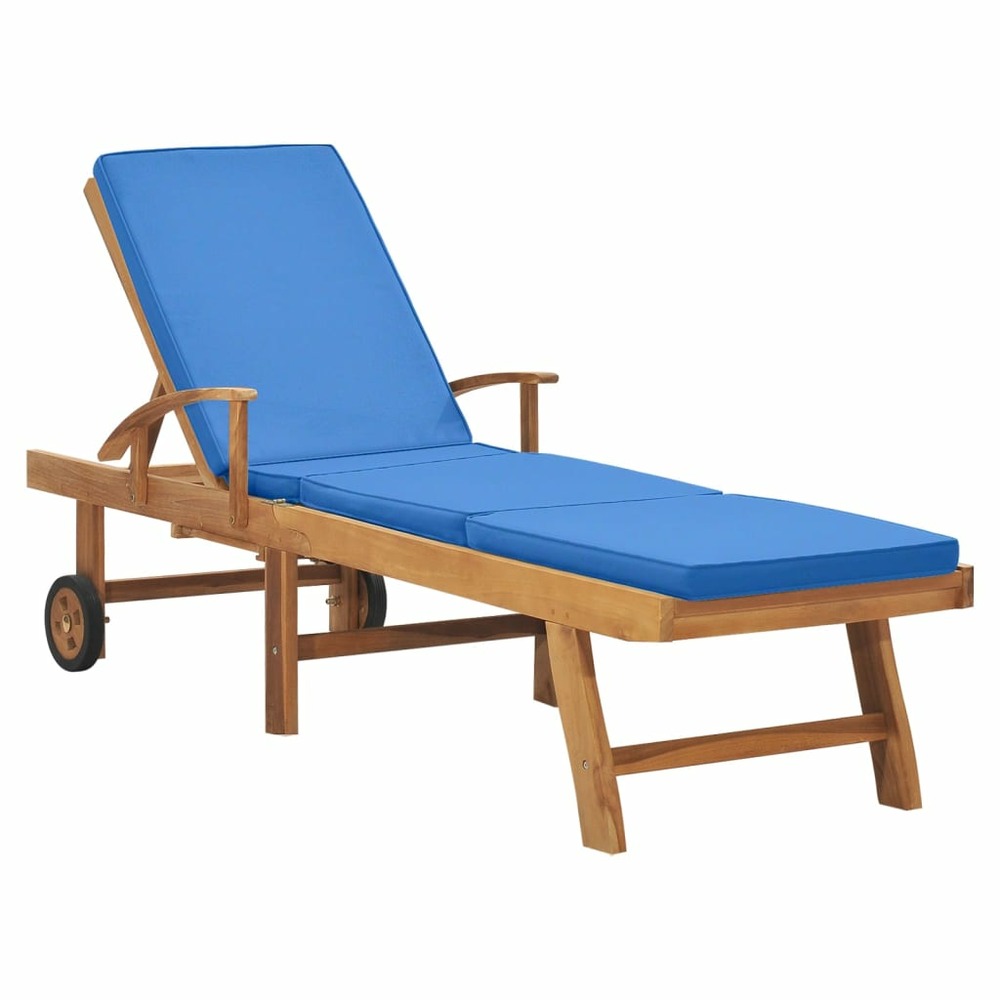 Transat chaise longue bain de soleil lit de jardin terrasse meuble d'extérieur avec coussin bois de teck solide bleu 02_00124