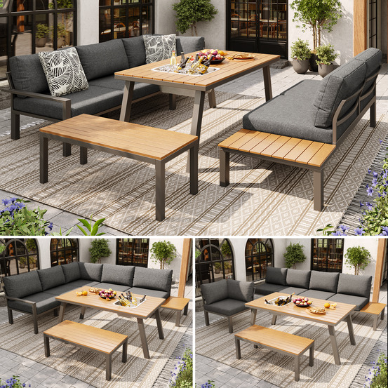 Ensemble jardin 6-7 pers: coin salon + ensemble repas, acier galvanisé, plateau seau glace, résistant intempéries