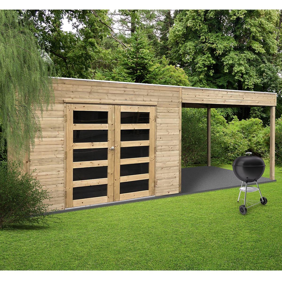 Abri de jardin en bois traité autoclave avec terrasse latérale salerno 5,40 m²