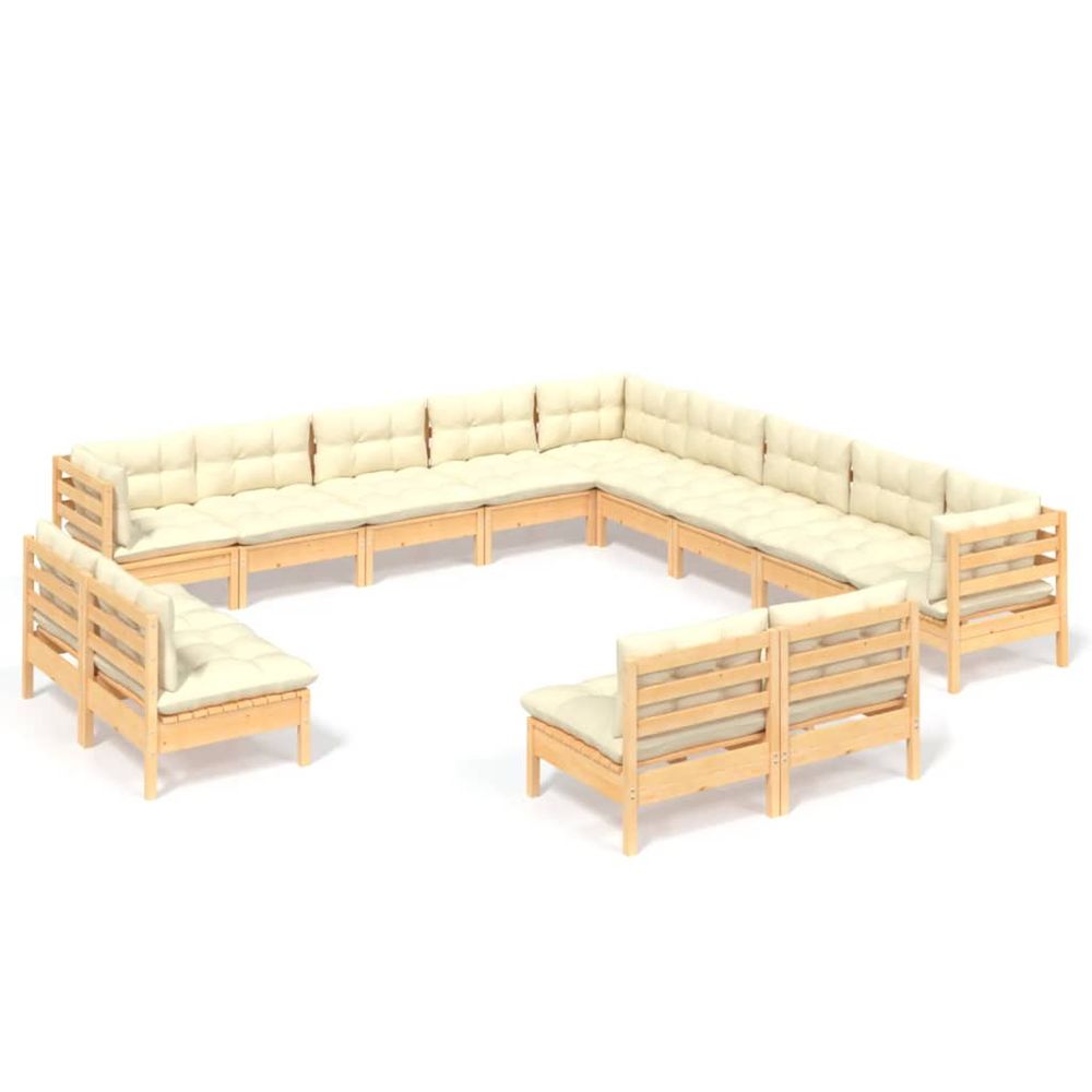 Salon de jardin 13 pcs avec coussins crème bois de pin massif