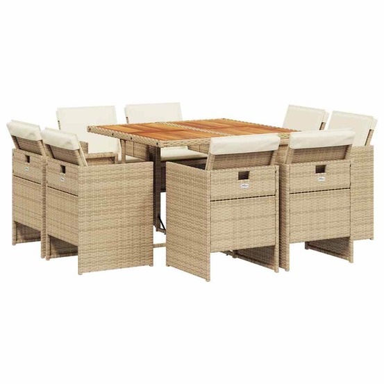 Ensemble à manger de jardin et coussins 9 pcs beige poly rotin