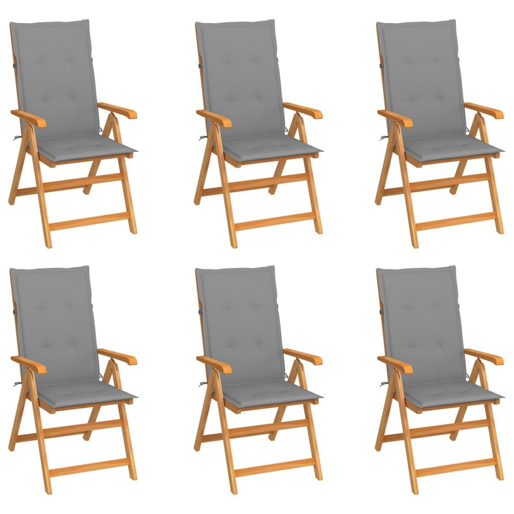 Ensemble de 6 chaises pliantes en teck massif avec coussins gris