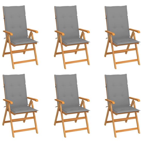 Ensemble de 6 chaises pliantes en teck massif avec coussins gris