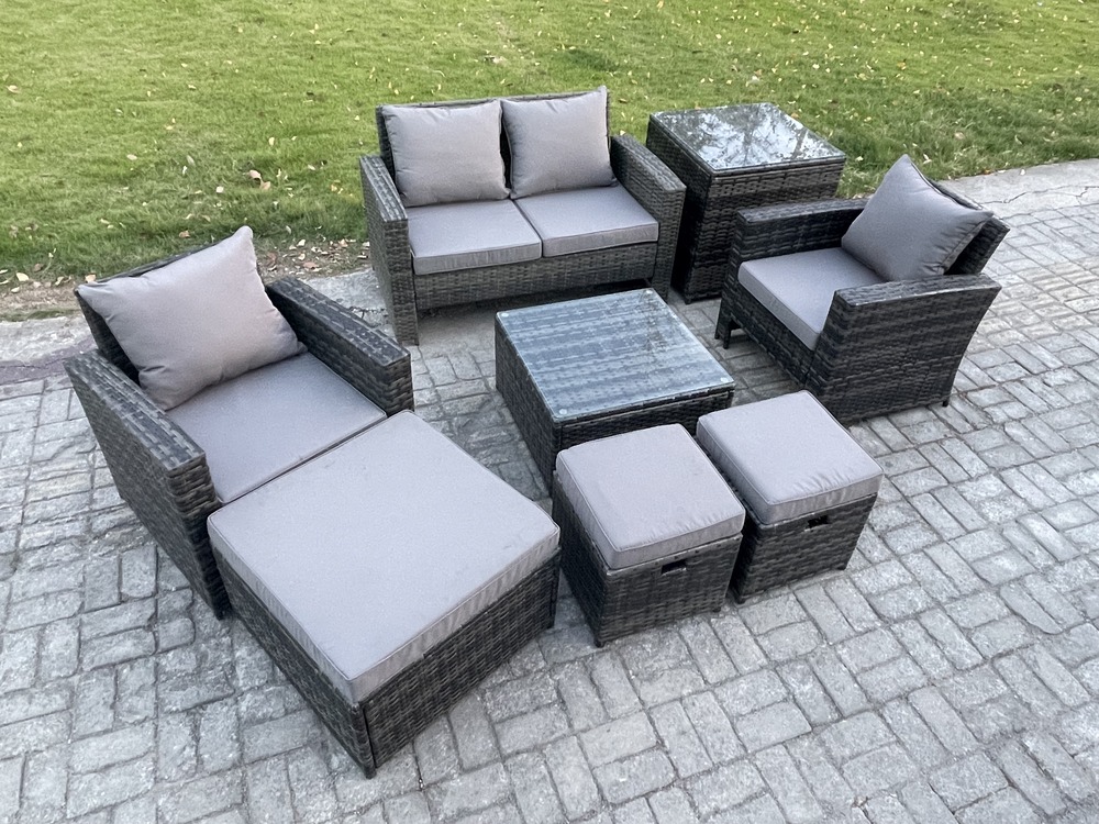 Ensemble de meubles de jardin en rotin ave table basse carrée chaise canapé 2 places table d'appoint