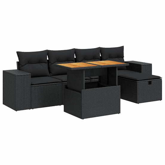 Salon de jardin 6 pcs avec coussins noir résine tressée acacia