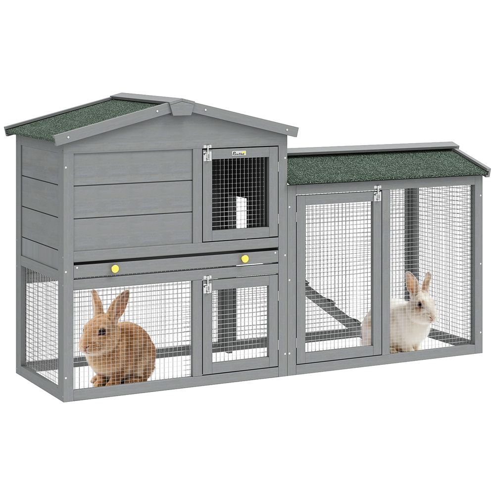 Grand clapier extérieur bois à 2 niveaux enclos intégré toit bitumé 150cm gris