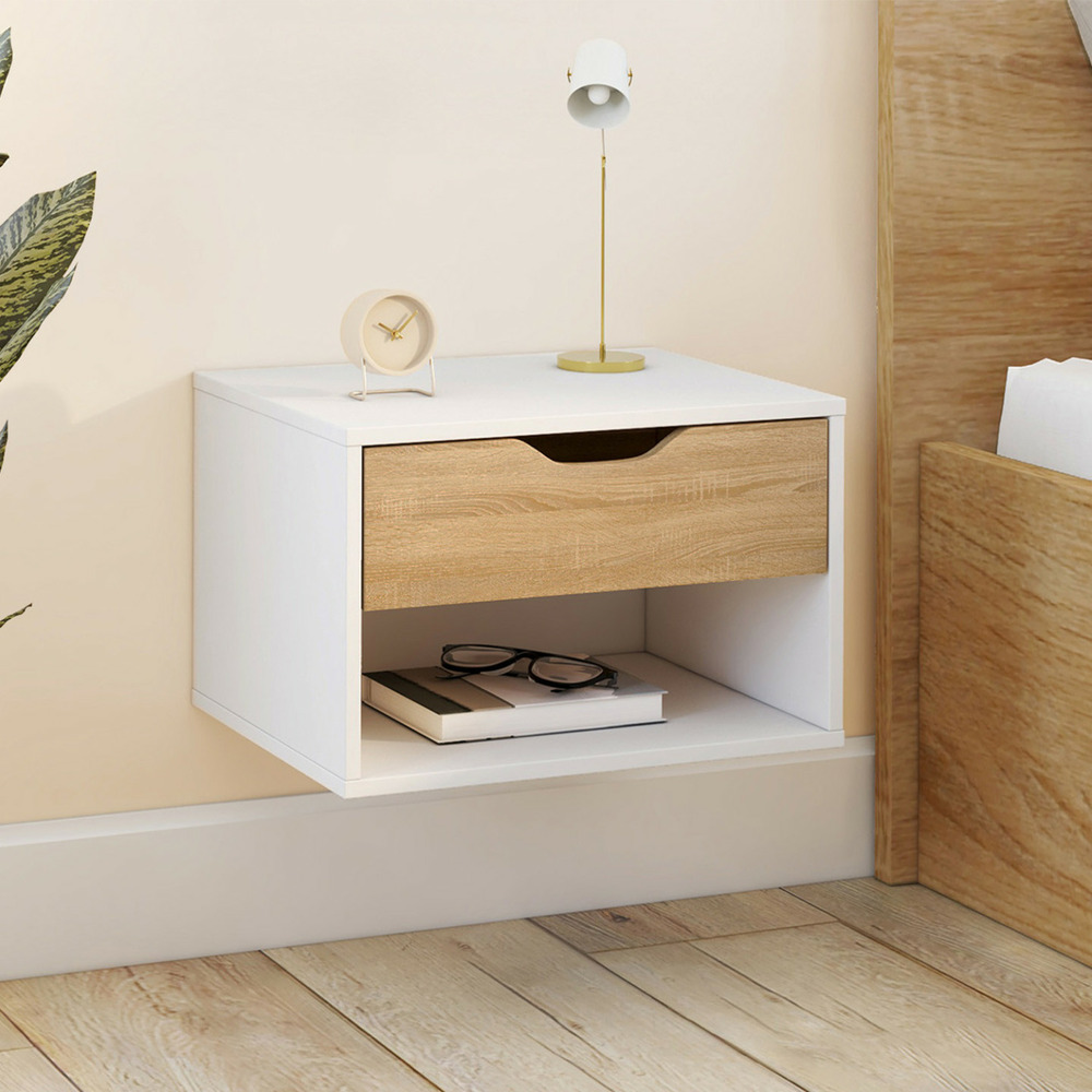 Lot de 2 tables de chevet murales cathy 1 tiroir avec niche façon hêtre et blanc