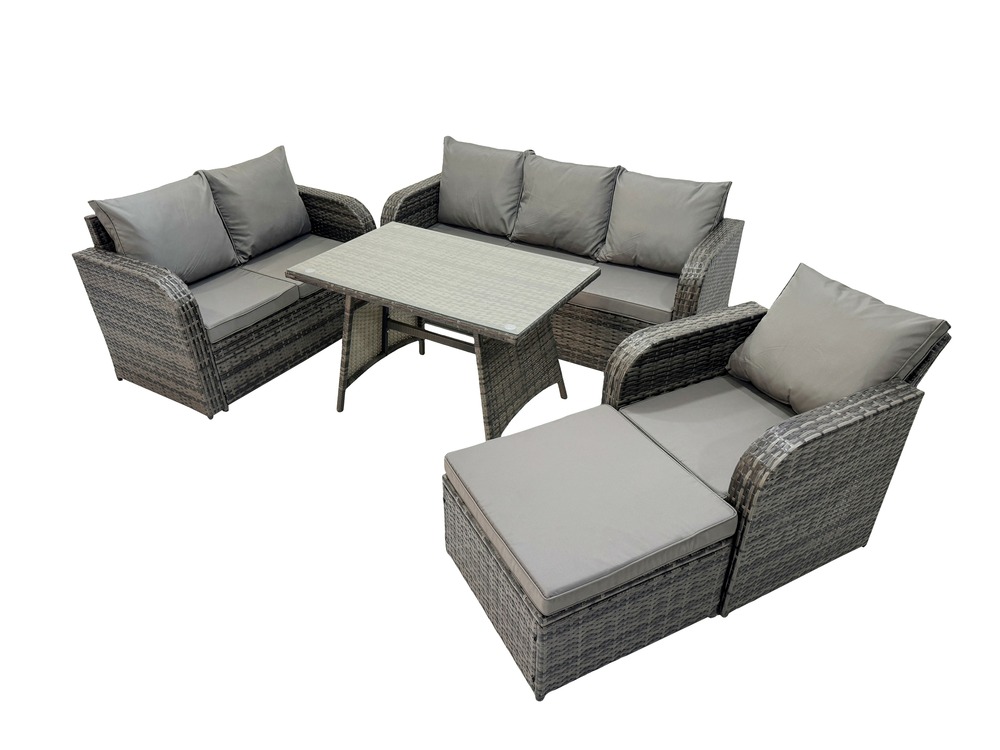 Salon de jardin exterieur 7 places ensemble de canapés en rotin avec table à manger grand tabouret gris foncé mixte