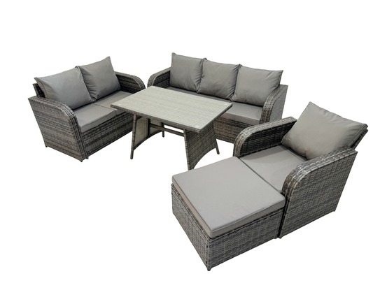 Salon de jardin exterieur 7 places ensemble de canapés en rotin avec table à manger grand tabouret gris foncé mixte