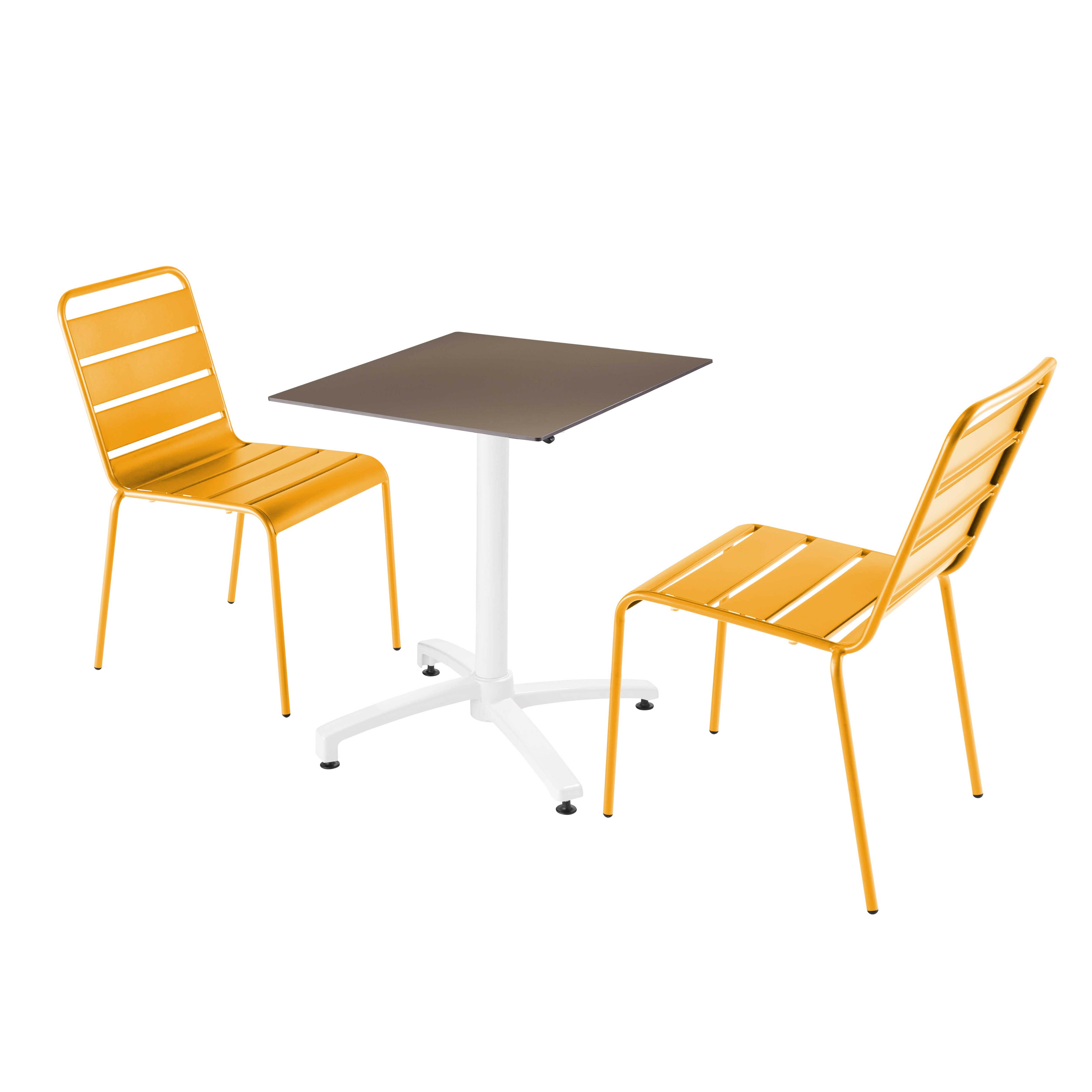 Ensemble table de terrasse stratifié taupe et 2 chaises jaune