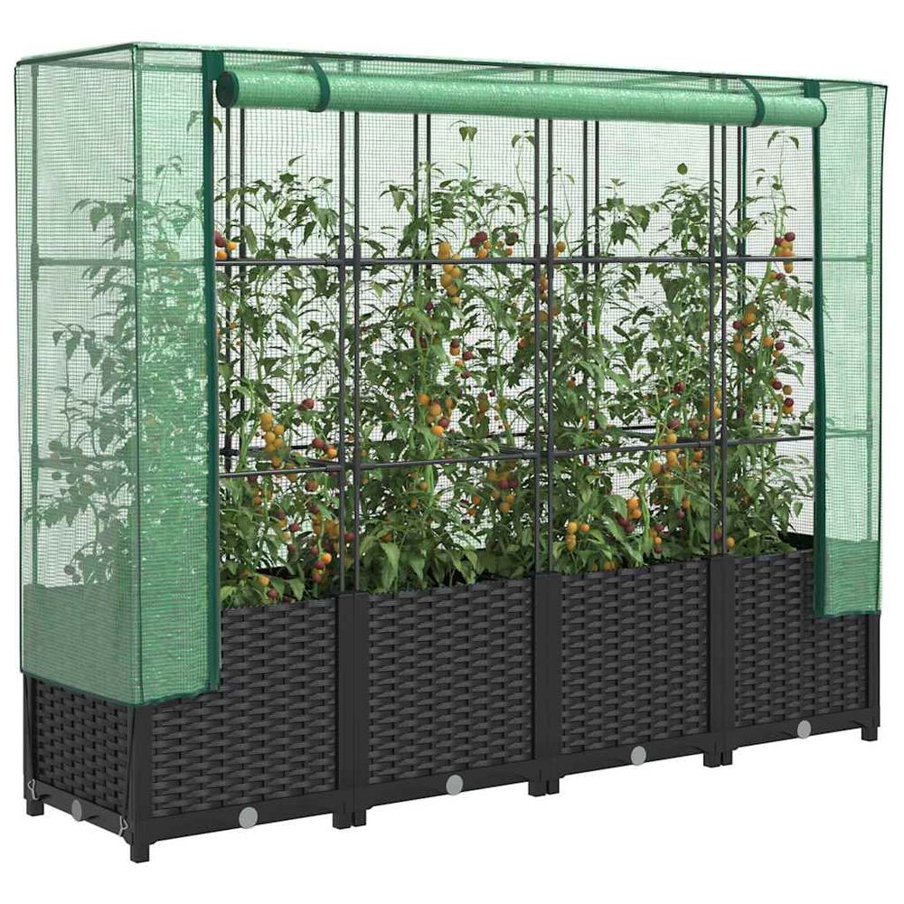 Carré potager haut 160cm avec mini-serre intégrée, jardinière noire aspect rotin, hauteur 138cm