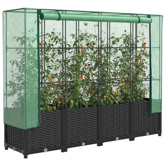 Carré potager haut 160cm avec mini-serre intégrée, jardinière noire aspect rotin, hauteur 138cm
