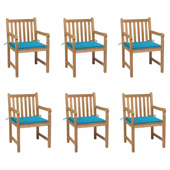 Chaises de jardin lot de 6 et coussins bleu bois de teck massif