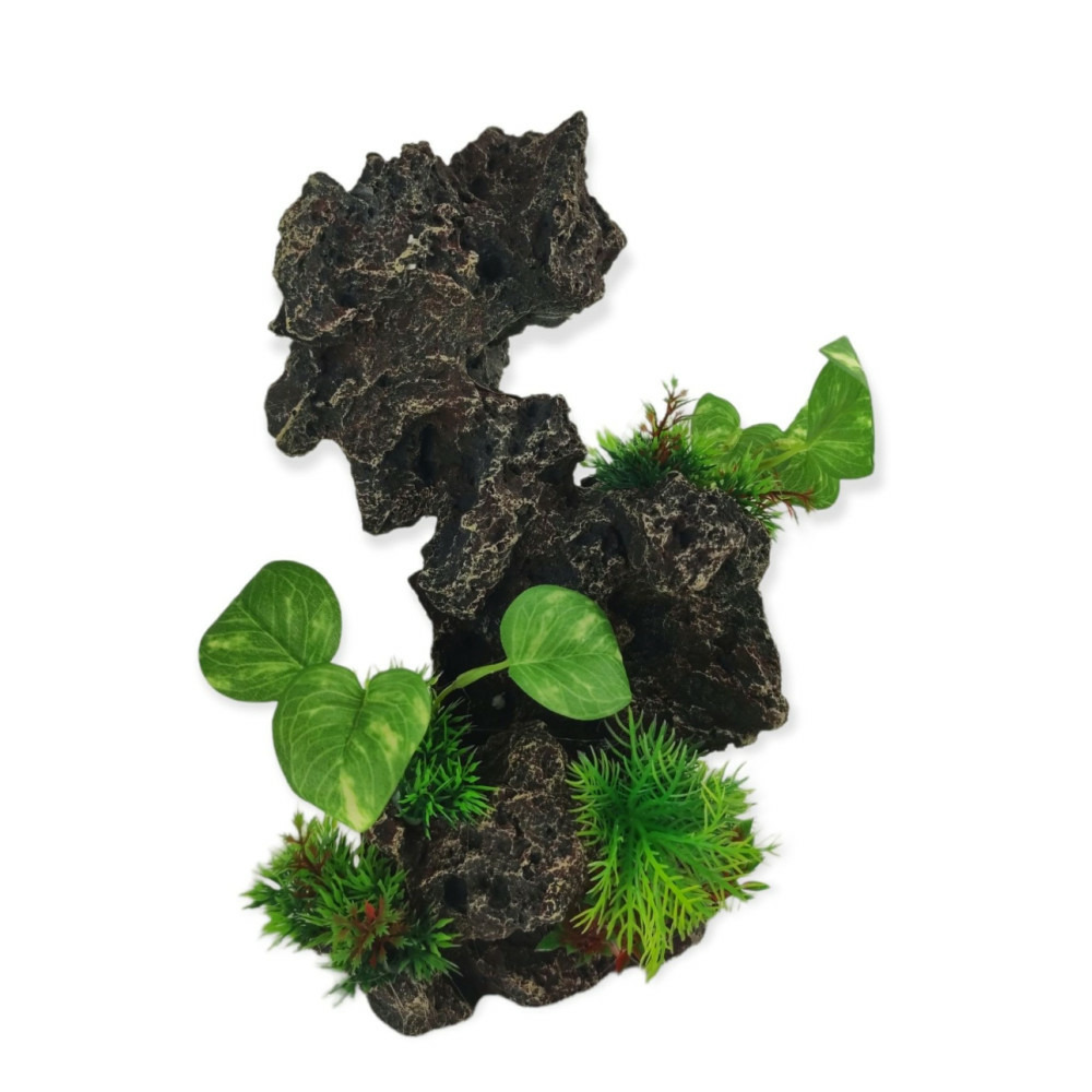 Décoration rocher gris + plantes, 19 x 15 x h 31cm, aquarium.