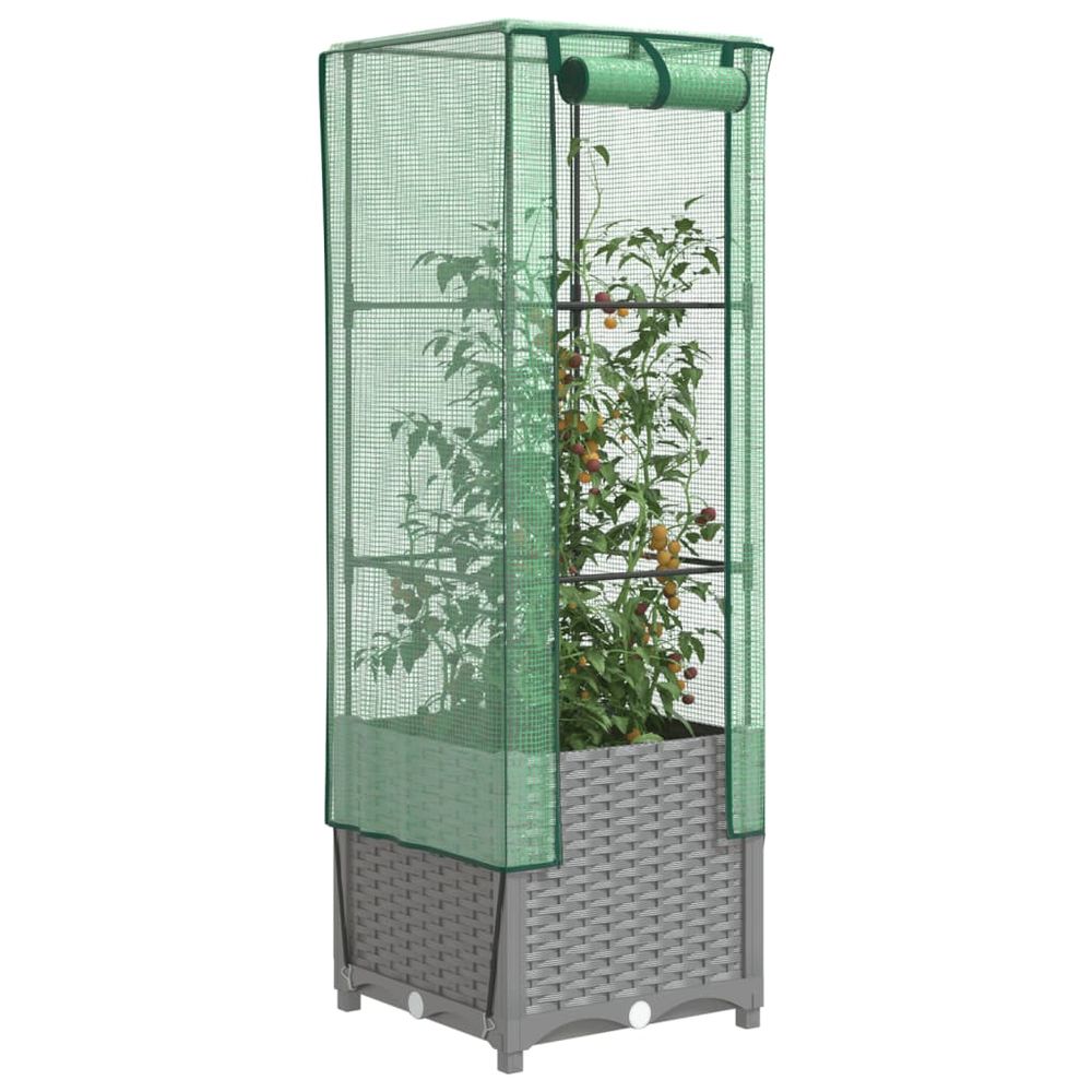 Jardinière surélevée carrée aspect rotin avec serre de culture 40x40x139 cm gris