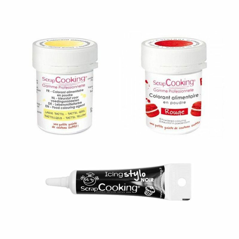 2 colorants alimentaires jaune pastel-rouge + stylo glaçage noir