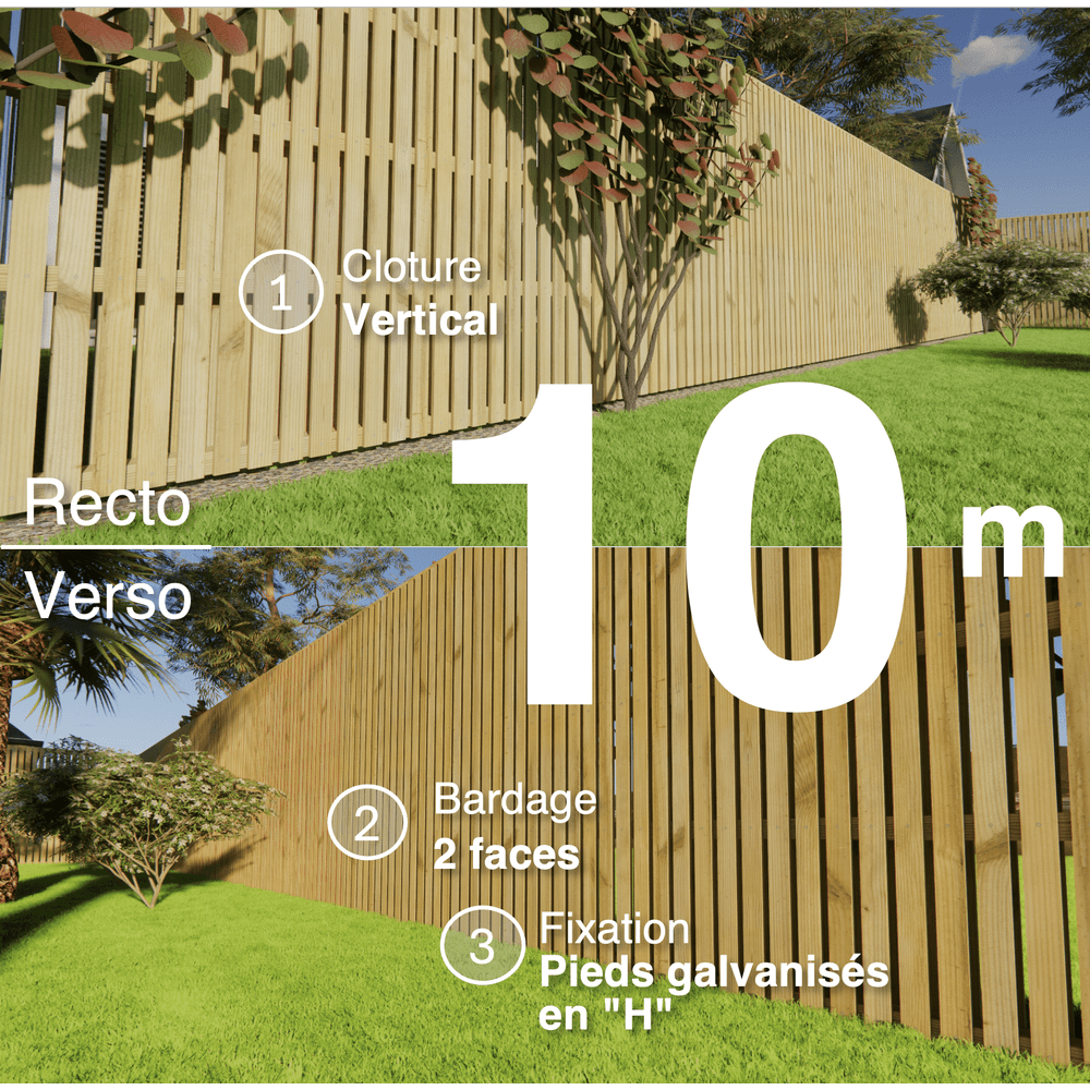 Kit clôture bois moderne 10m – h 2,3m – 20 x 60 mm autoclave vert – pose vertical – double face – support galva