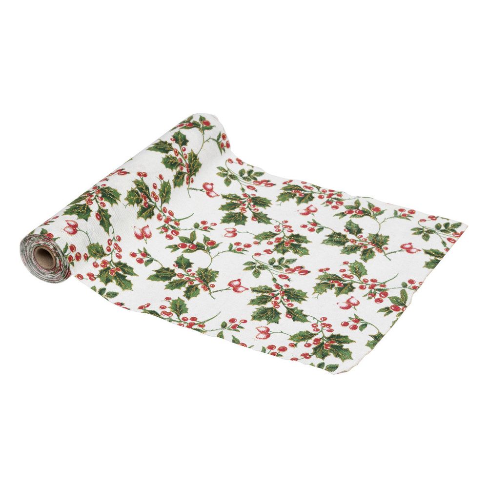 Chemin de table tissu beige et houx vert et rouge 28 x 300 cm
