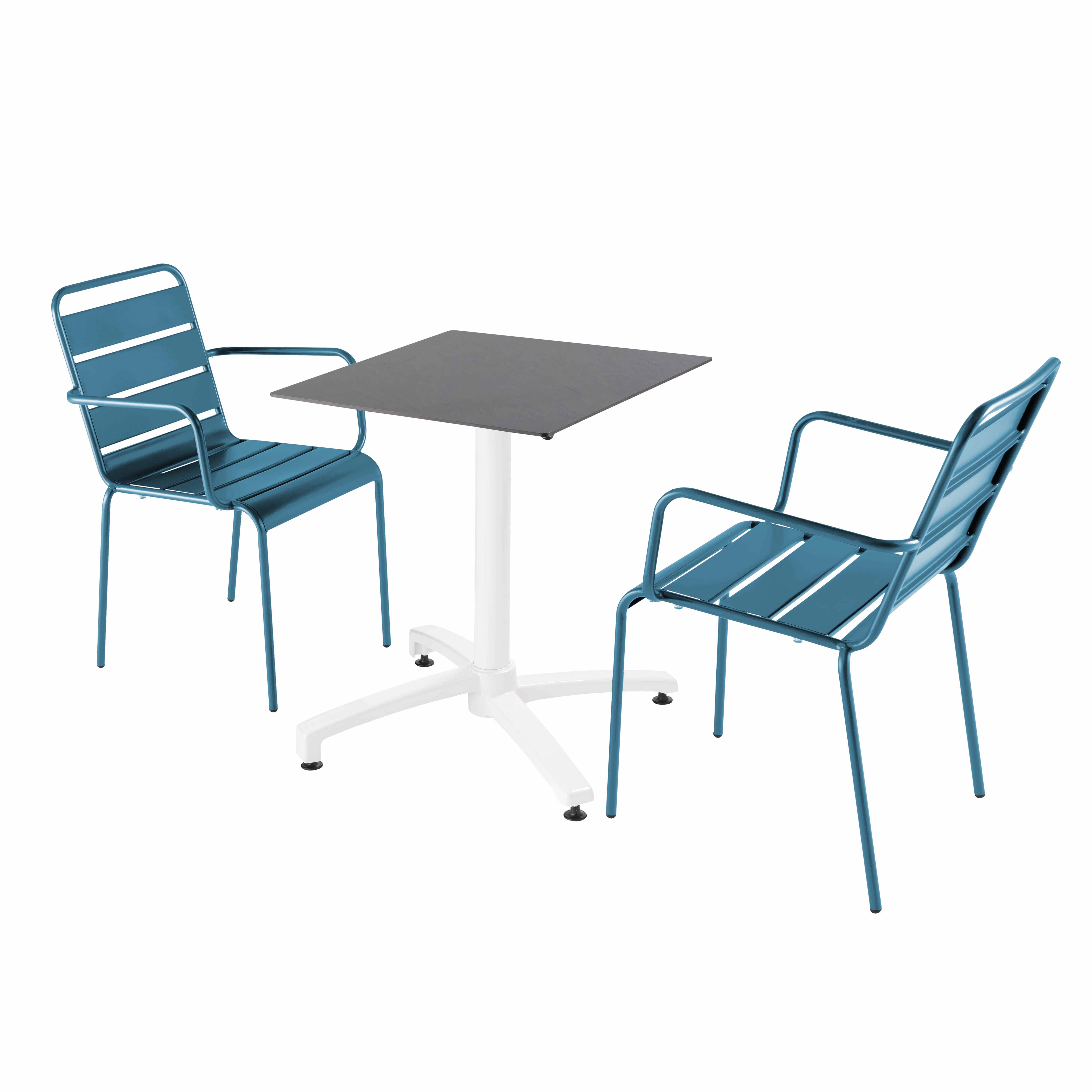 Ensemble table de terrasse stratifié ardoise et 2 fauteuils bleu pacific