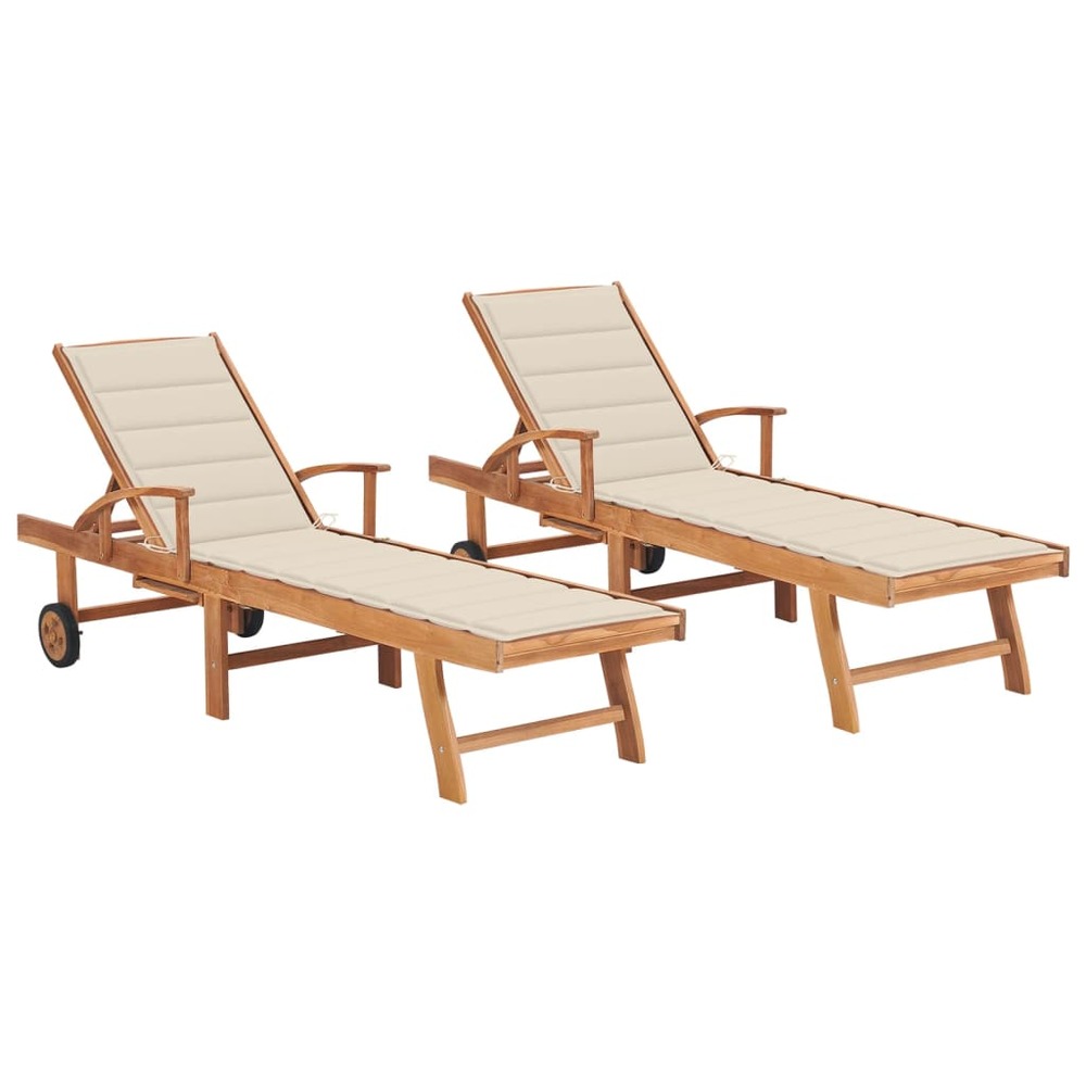 Lot de 2 transats chaise longue bain de soleil lit de jardin terrasse meuble d'extérieur avec coussin crème bois de teck soli