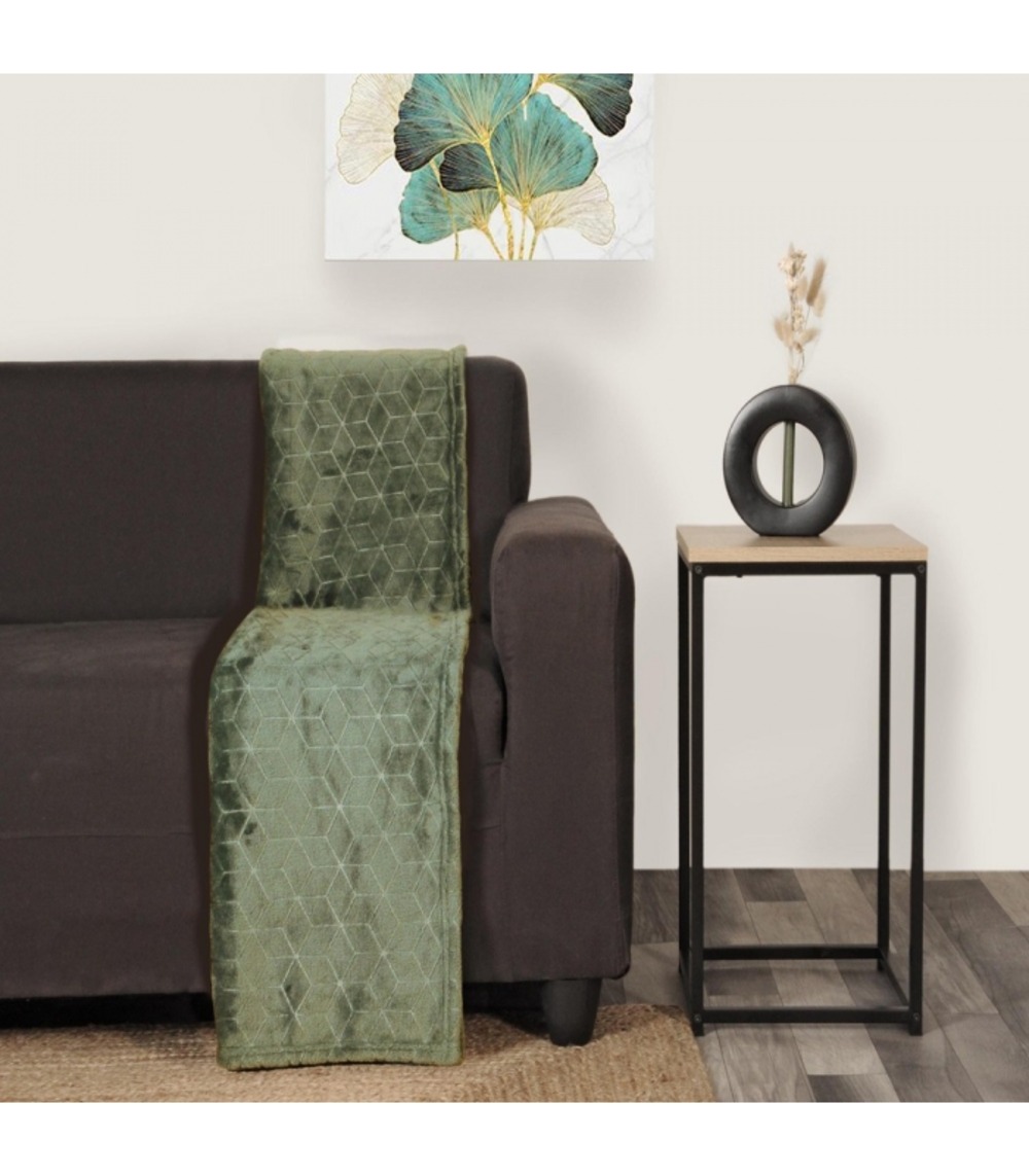 Plaid en flanelle à motif reliefé géométrique, kaki, 130x170cm, polyester - atout ciel