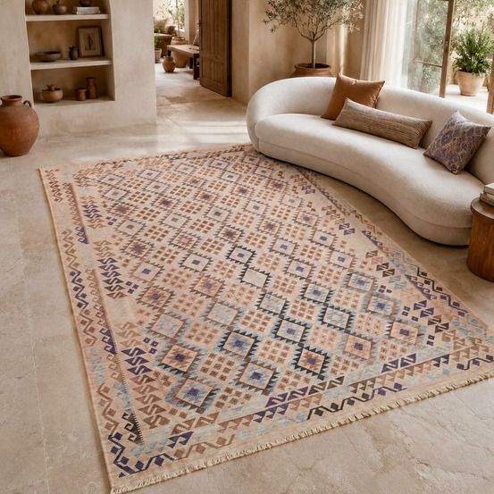 Tapis kilim 242 x 340 cm, beige, marron et violet, ethnique en laine, kilim 60