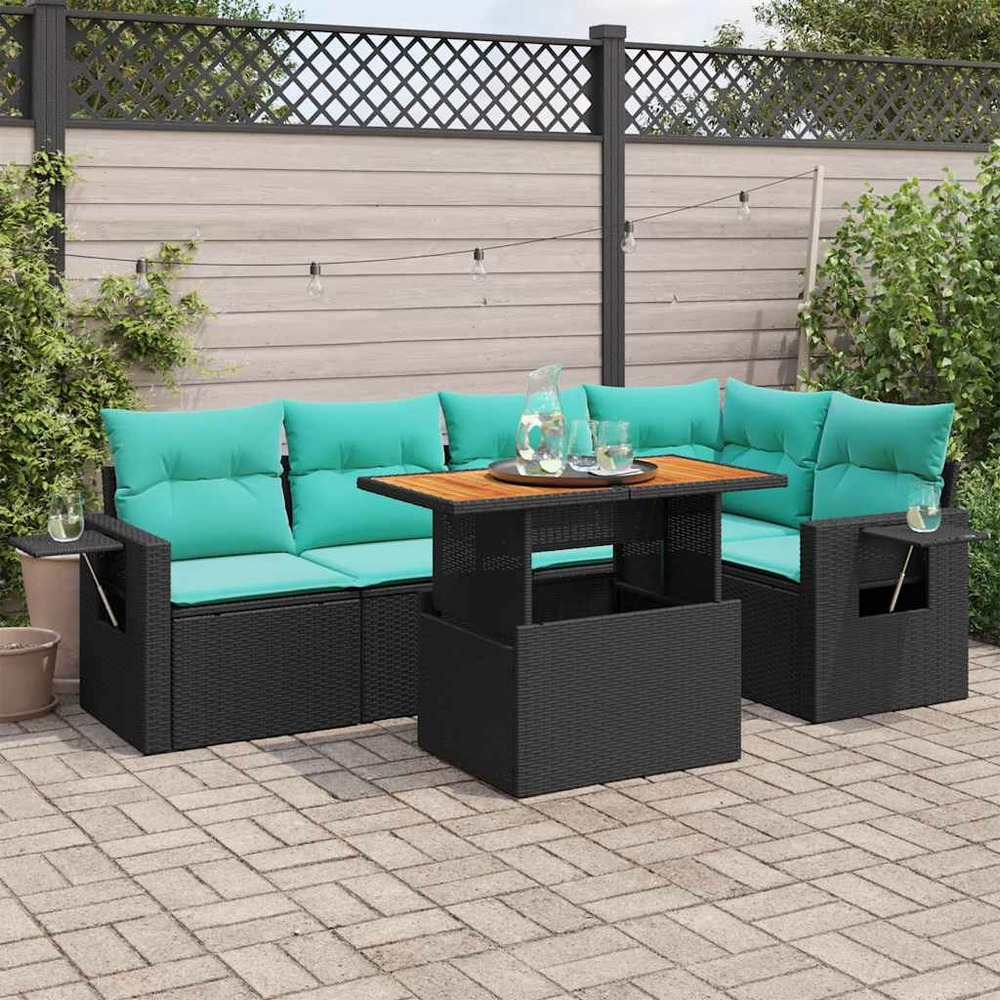 Salon de jardin 6 pcs avec coussins noir résine tressée