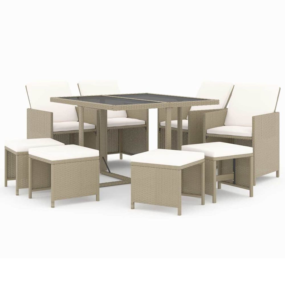 Ensemble à manger de jardin et coussins 9 pcs poly rotin beige