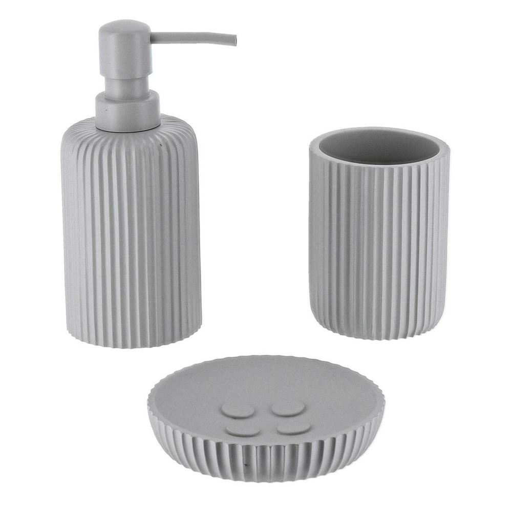 Set gobelet distributeur a savon et porte savon polyresine striee - gris clair