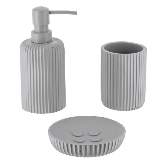 Set gobelet distributeur a savon et porte savon polyresine striee - gris clair