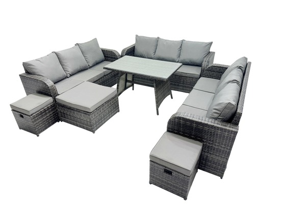 12 places salon de jardin avec table à manger rectangulaire 3 tabourets patio ensemble de canapés en rotin