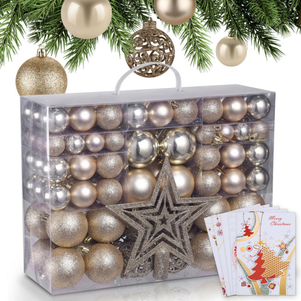 Boules de noël champagne décorations de sapin coffret de 128 pièces inclus ètoile de sapin-5 cartes