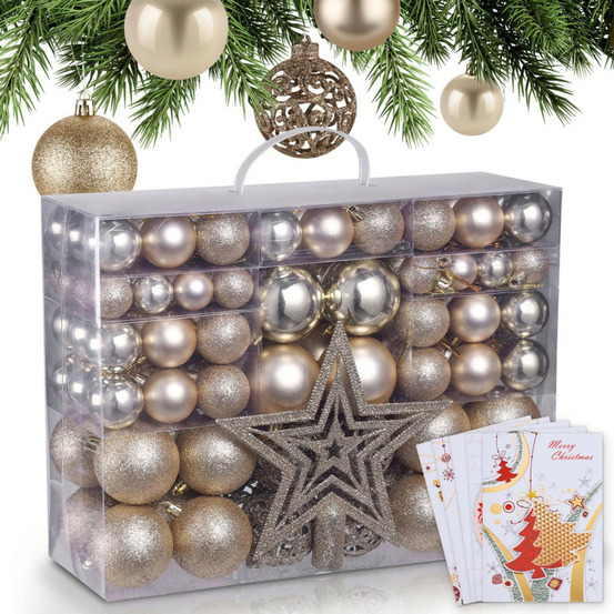 Boules de noël champagne décorations de sapin coffret de 128 pièces inclus ètoile de sapin-5 cartes
