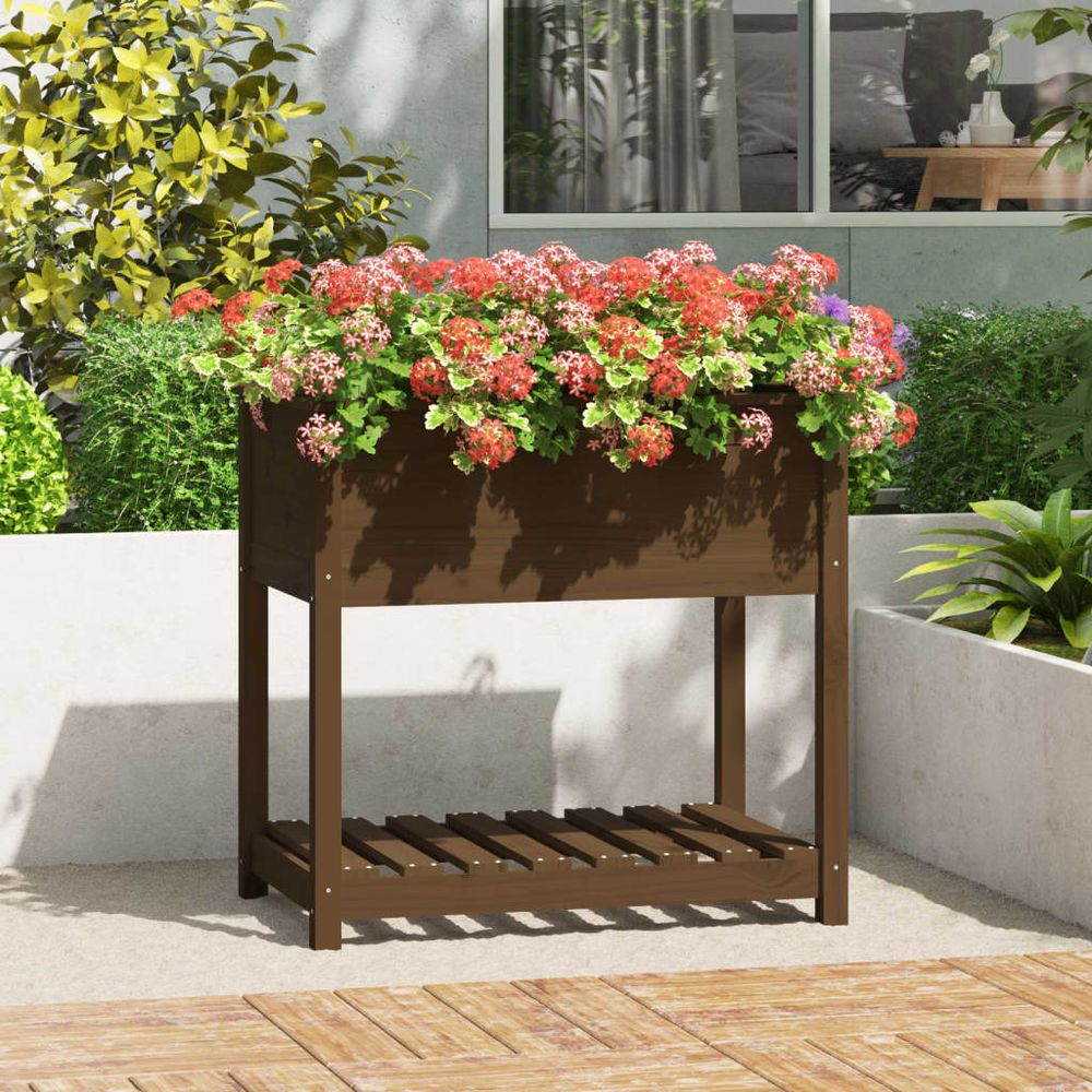 Grand bac à fleurs surélevé bois avec étagère marron miel 82,5cm