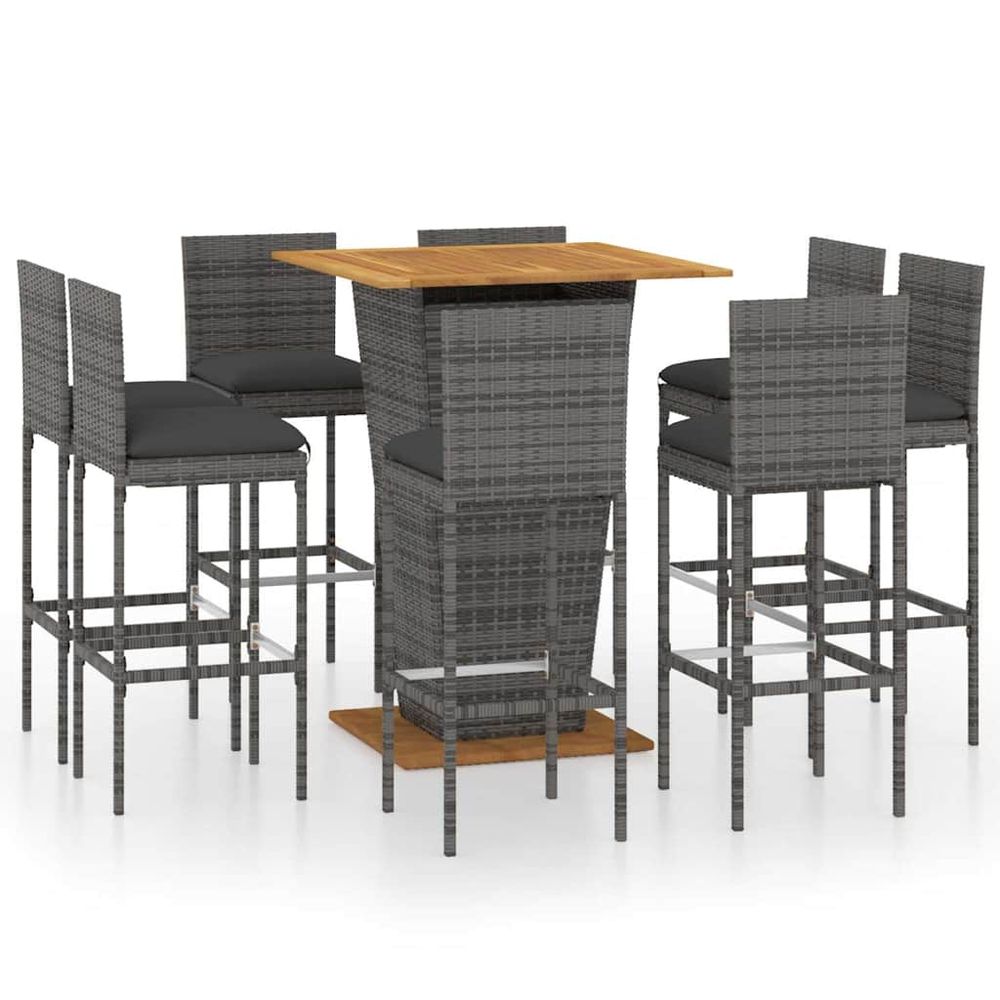Ensemble de bar de jardin 9 pcs et coussins résine tressée gris