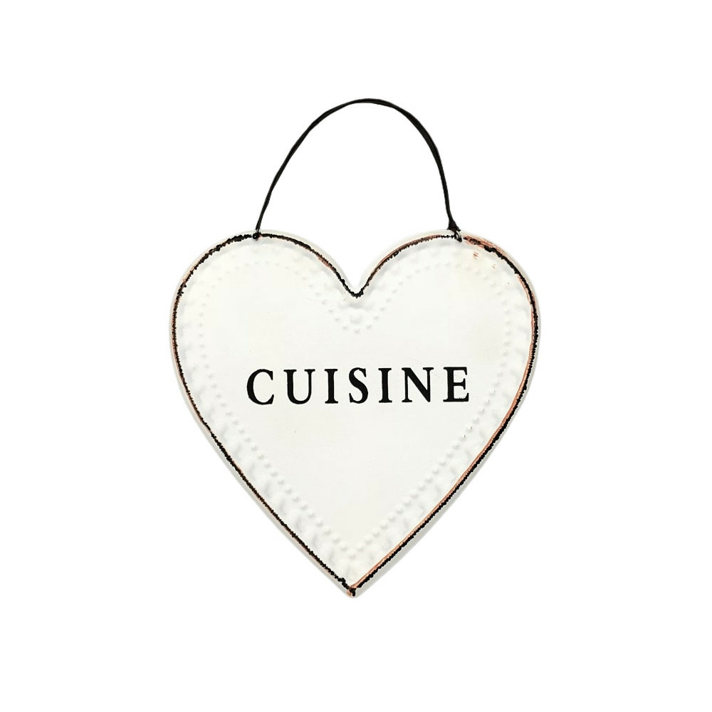 Plaque de porte décorative vintage coeur cuisine fer blanc noir 13 cm