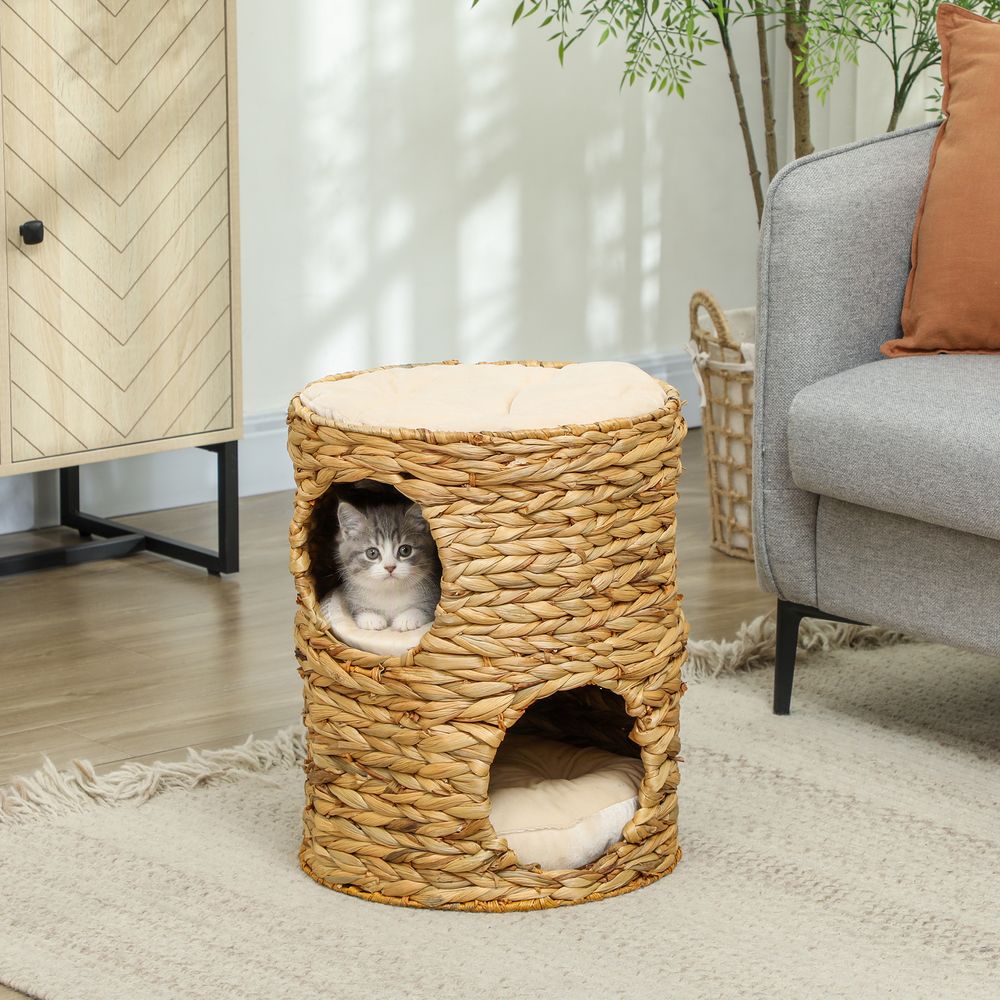 Arbre à chat compact en fibre végétale Ø40 x 50 cm marron 2 niches coussins amovibles couchage supérieur