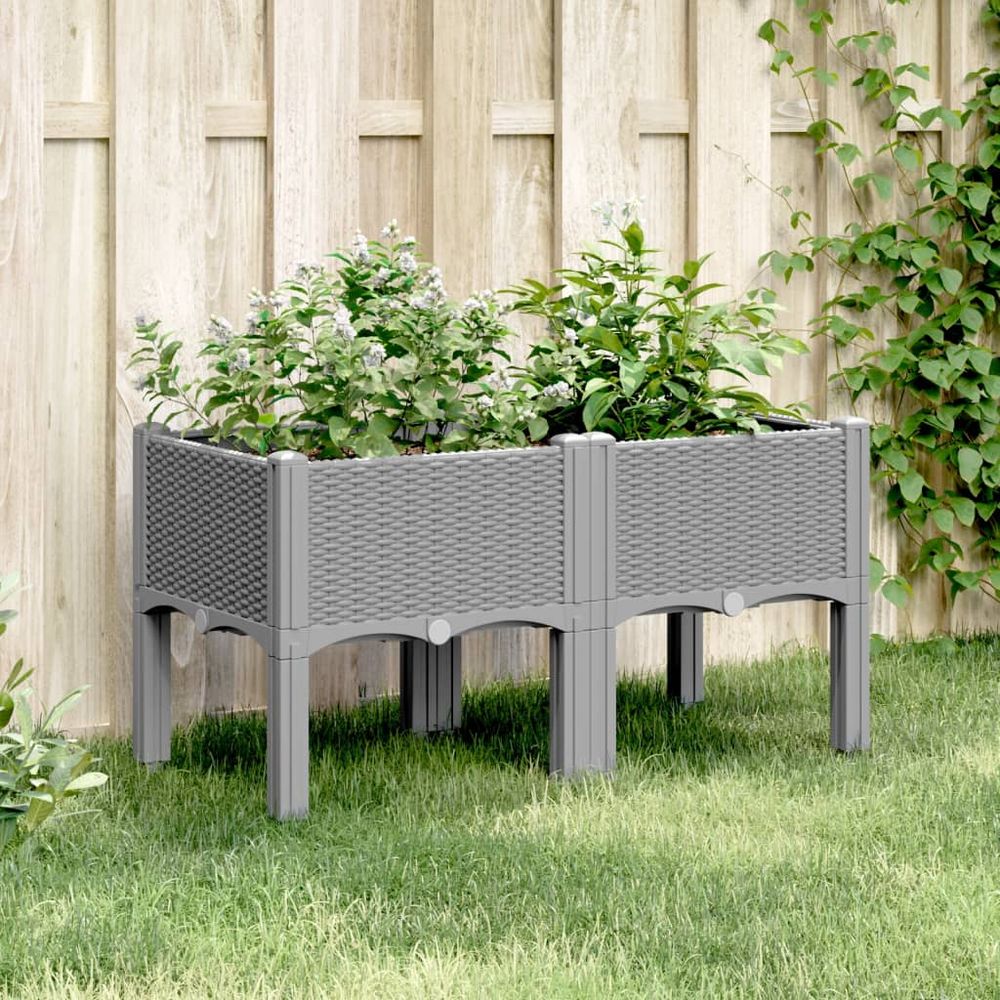 Jardinière sur pieds pp pour balcon terrasse aspect rotin 80x40x42 cm gris clair