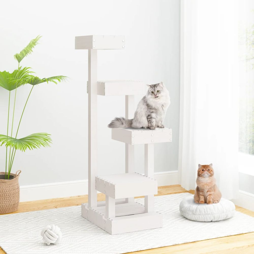 Arbre à chat en bois de pin massif avec 4 plateformes pour intérieur blanc 103 cm