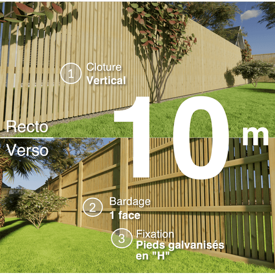 Kit clôture bois moderne 10m – h 2,3m – 45 x 45 mm autoclave – pose vertical – simple face – support galva