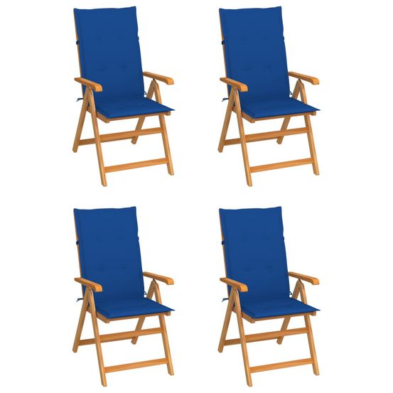 Ensemble de 4 chaises pliantes en teck massif avec coussins bleu roi