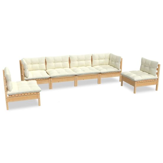 Salon de jardin 6 pcs avec coussins crème bois de pin massif