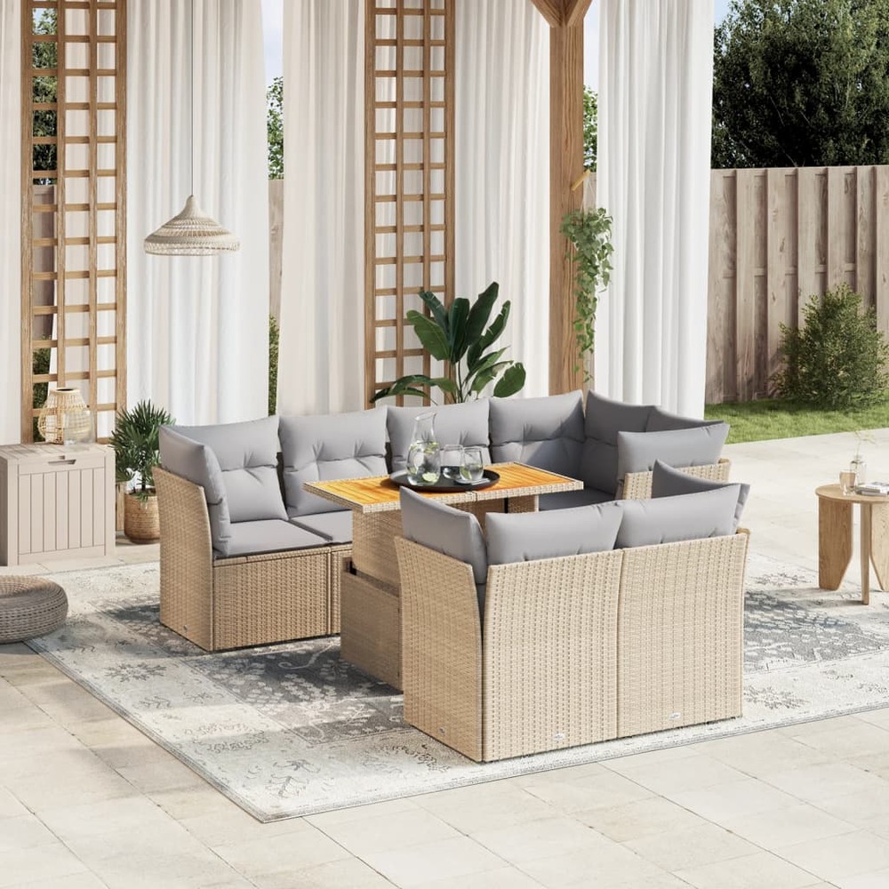 Salon de jardin avec coussins 8 pcs beige résine tressée
