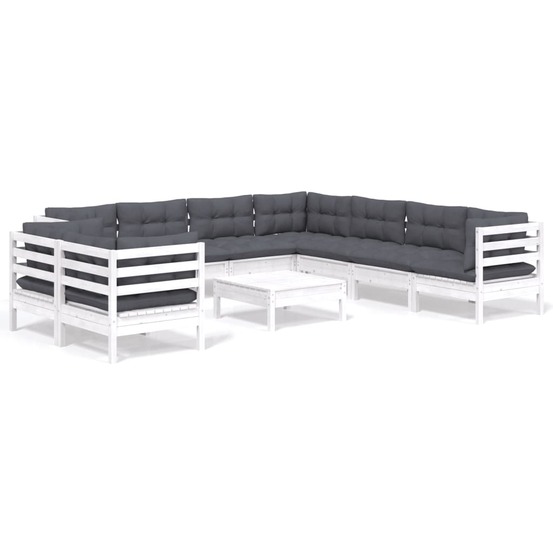 Salon de jardin 10 pcs avec coussins blanc bois de pin massif